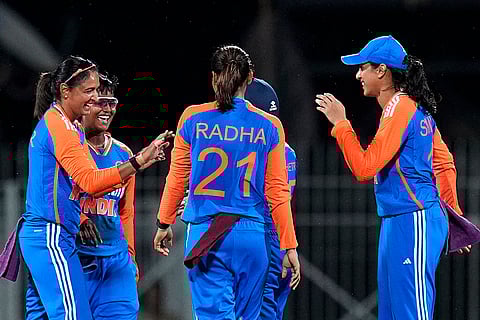 India Women's players celebrate the wicket of Tazmin Brits